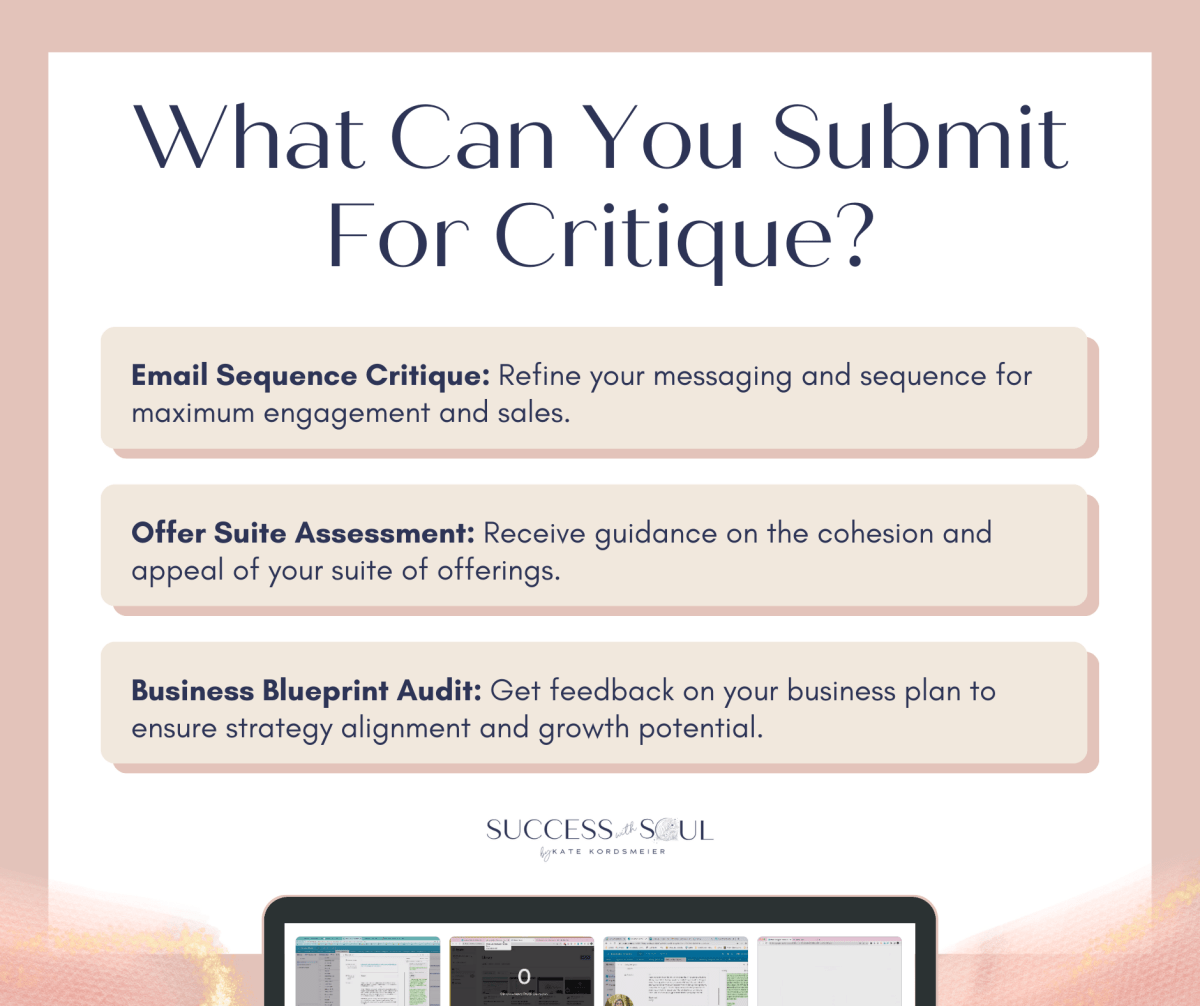 1:1 Personalized Critique, Feedback + Audit - Success with Soul Shop for coaches, course creators and online entrepreneurs.