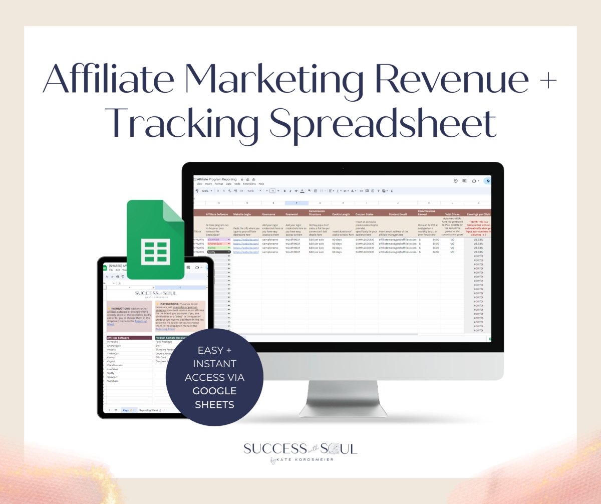 Affiliate Marketing Revenue + Tracking Spreadsheet - Success with Soul Shop for coaches, course creators and online entrepreneurs.