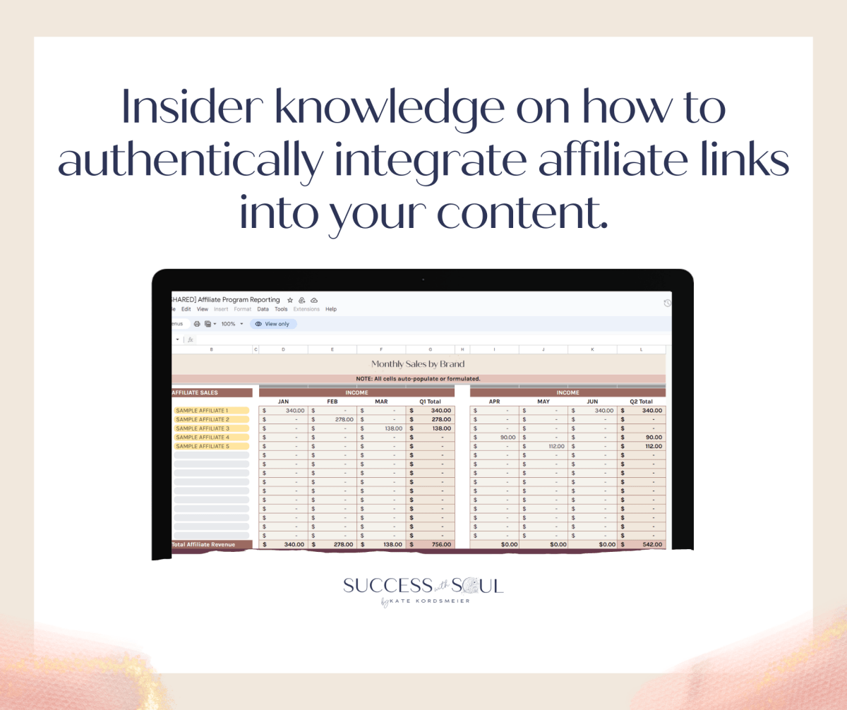 Affiliate Marketing Revenue + Tracking Spreadsheet - Success with Soul Shop for coaches, course creators and online entrepreneurs.