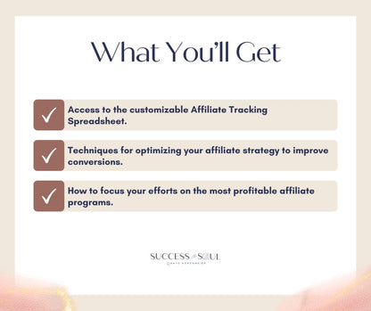 Affiliate Marketing Revenue + Tracking Spreadsheet - Success with Soul Shop for coaches, course creators and online entrepreneurs.