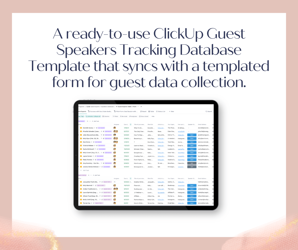 ClickUp Plug n' Play Template: Guest Speakers Tracking Database - Success with Soul Shop for coaches, course creators and online entrepreneurs.