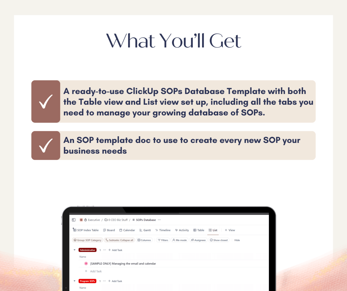 ClickUp Plug n' Play Template: SOPs Database - Success with Soul Shop for coaches, course creators and online entrepreneurs.