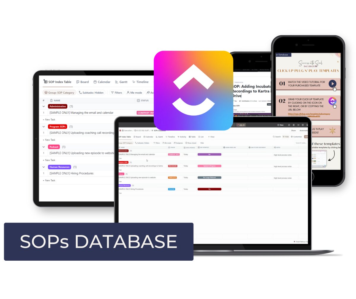 ClickUp Plug n' Play Template: SOPs Database - Success with Soul Shop for coaches, course creators and online entrepreneurs.