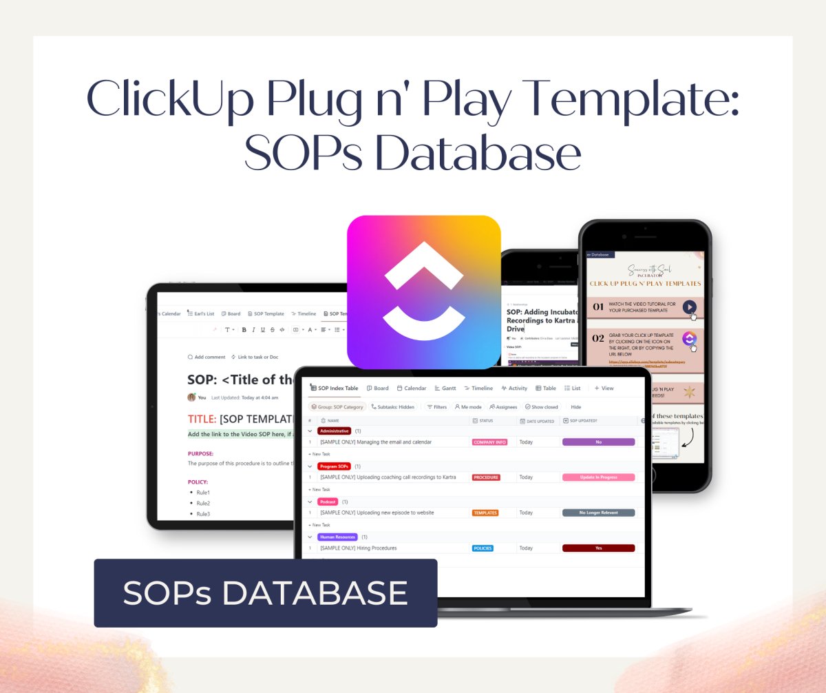 ClickUp Plug n' Play Template: SOPs Database - Success with Soul Shop for coaches, course creators and online entrepreneurs.