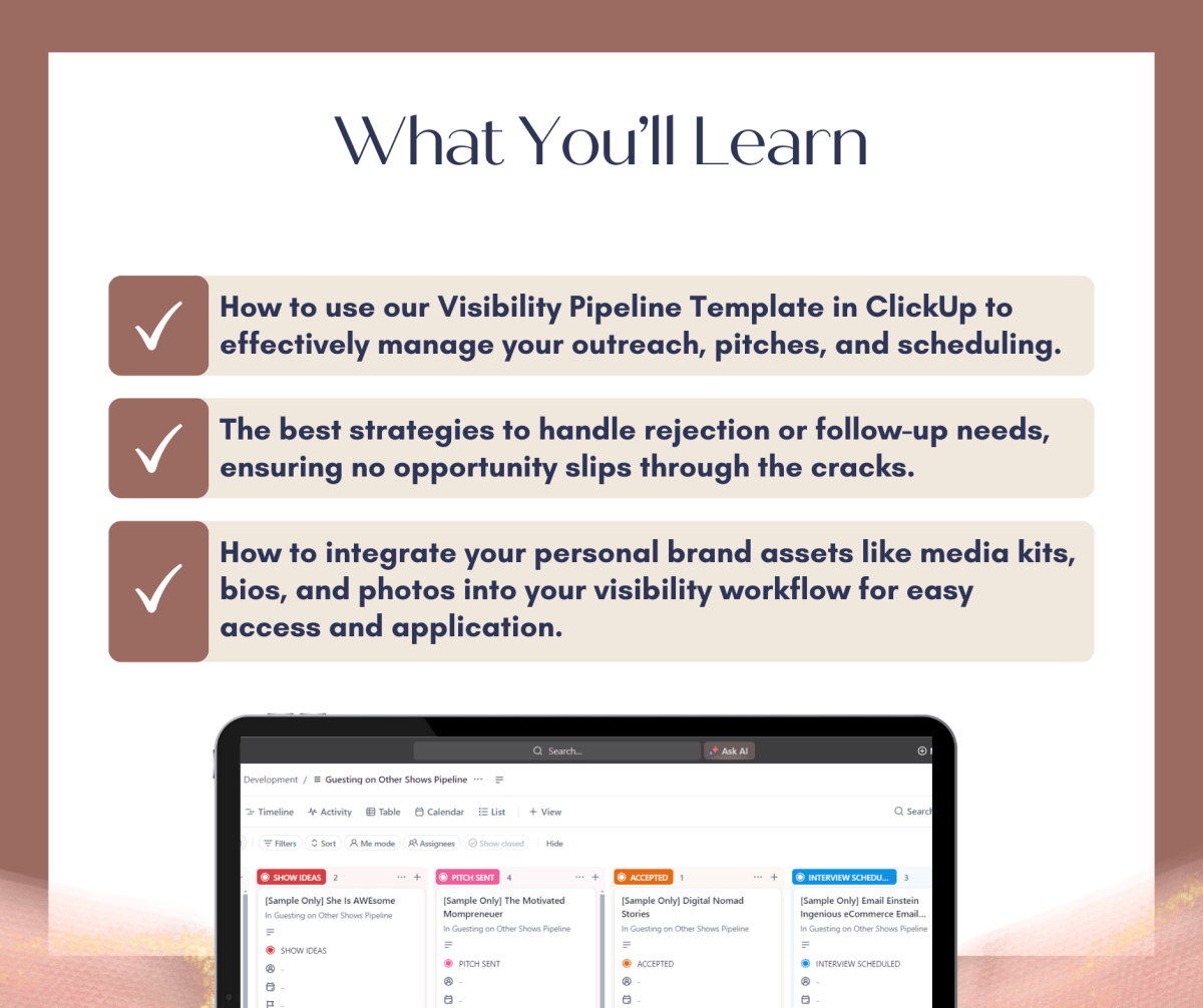 ClickUp Plug n' Play Template: Visibility Pipeline - Success with Soul Shop for coaches, course creators and online entrepreneurs.