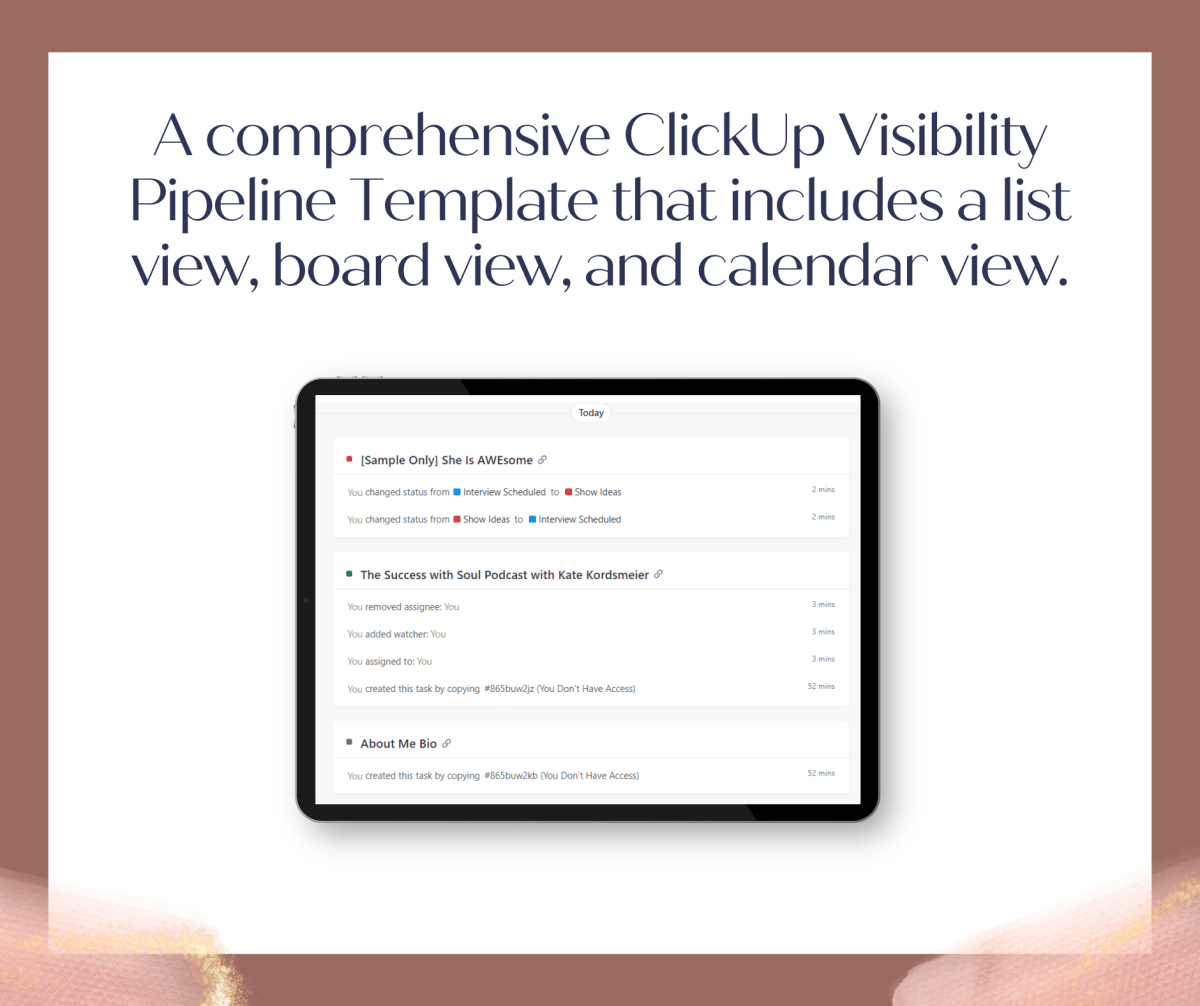 ClickUp Plug n' Play Template: Visibility Pipeline - Success with Soul Shop for coaches, course creators and online entrepreneurs.