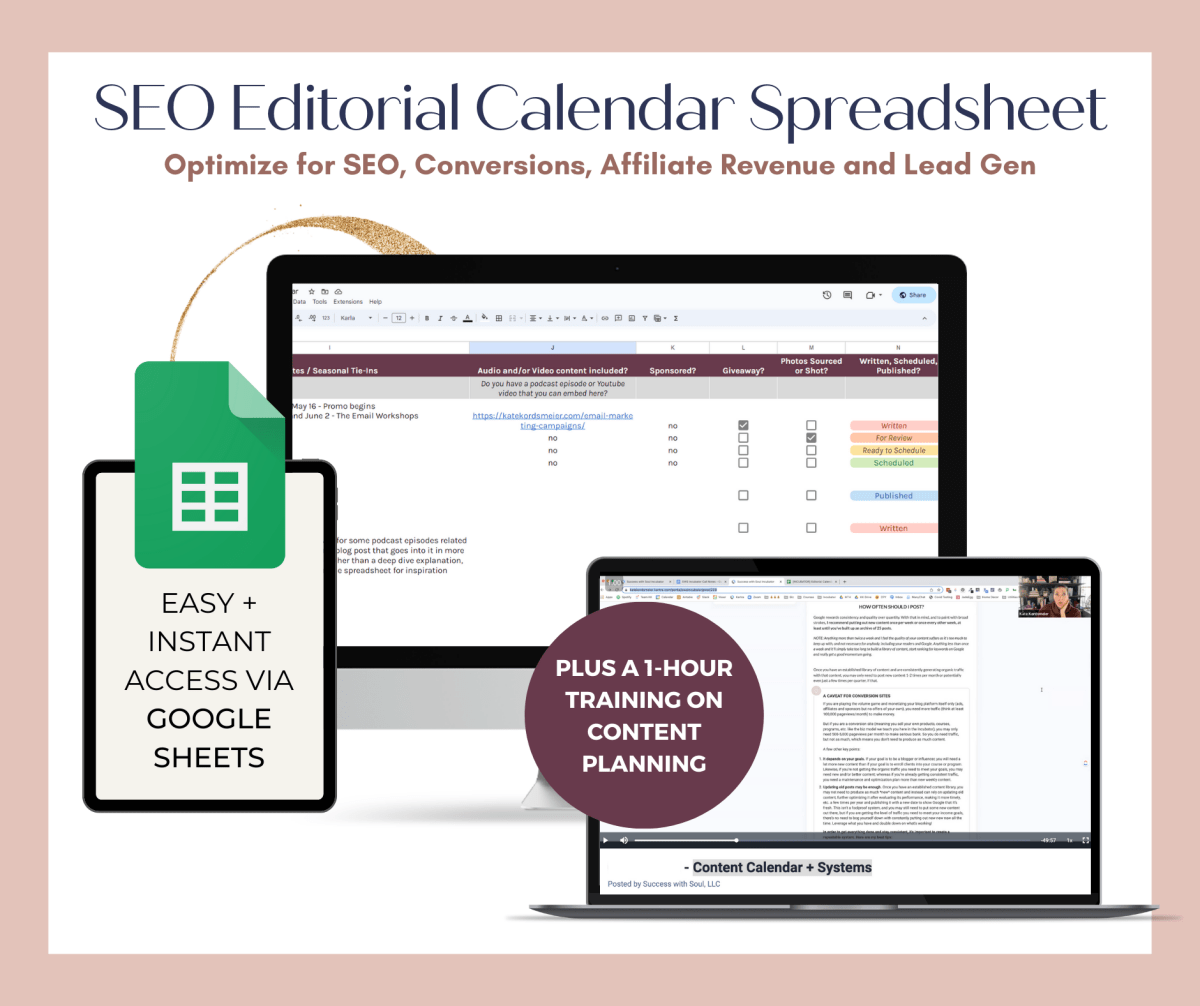 Ultimate SEO Editorial Calendar Spreadsheet - Success with Soul Shop for coaches, course creators and online entrepreneurs.