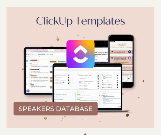 ClickUp Plug n' Play Template: Guest Speakers Tracking Database - Success with Soul Shop for coaches, course creators and online entrepreneurs.
