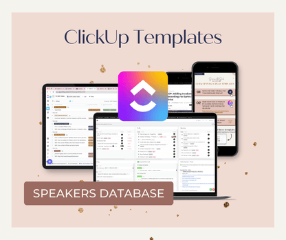 ClickUp Plug n' Play Template: Guest Speakers Tracking Database - Success with Soul Shop for coaches, course creators and online entrepreneurs.