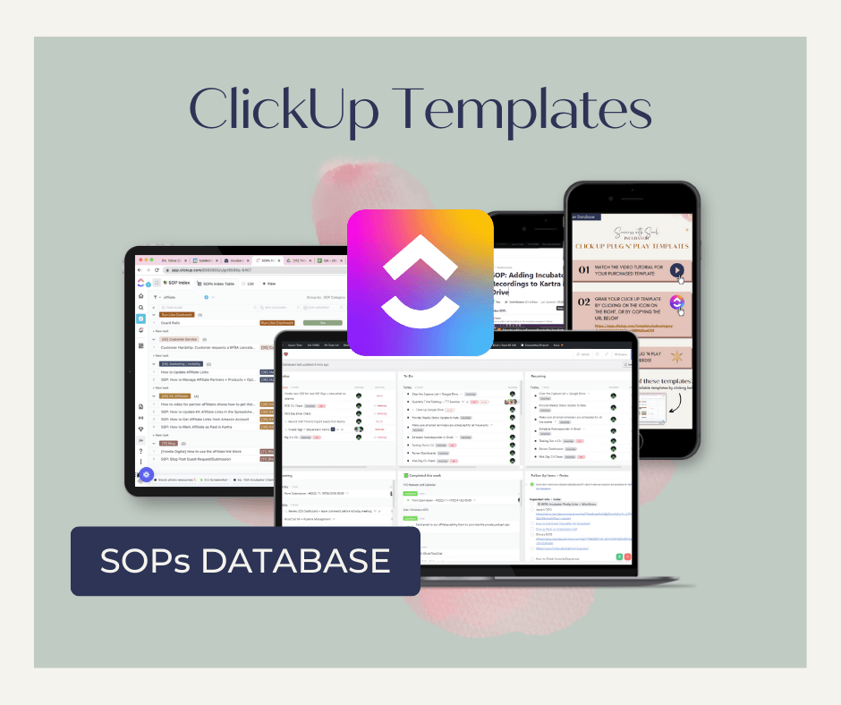 ClickUp Plug n' Play Template: SOPs Database - Success with Soul Shop for coaches, course creators and online entrepreneurs.