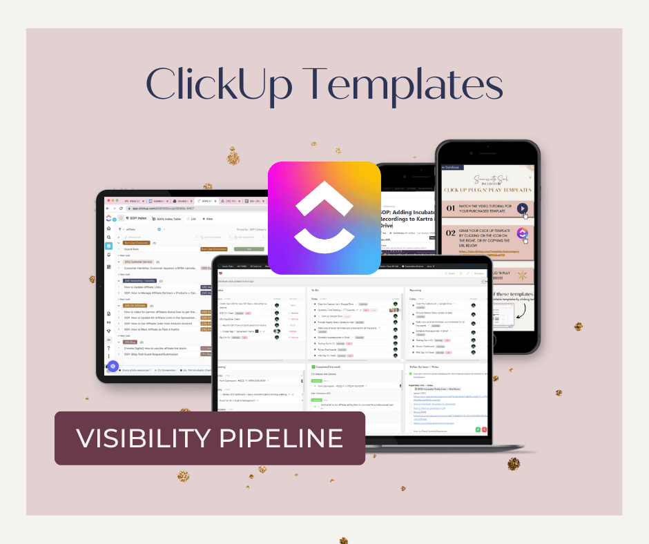 ClickUp Plug n' Play Template: Visibility Pipeline - Success with Soul Shop for coaches, course creators and online entrepreneurs.